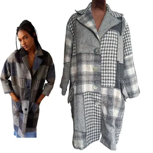 Plaid Patchwork Transitional Spring Coat Size M - Picture 1 of 11